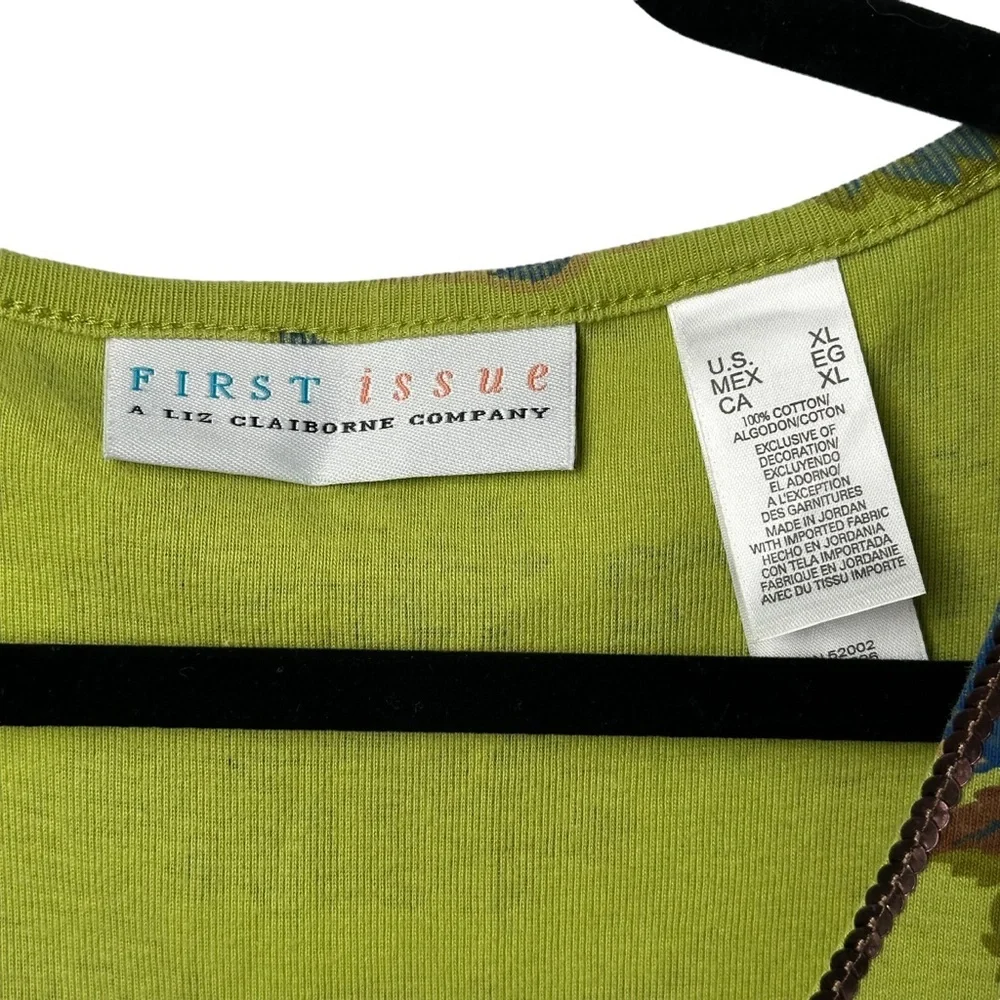 First Issue Size XL Chartreuse Bohemian Print Top Sequin Trim 3/4 Sleeve Y2K - Picture 6 of 9